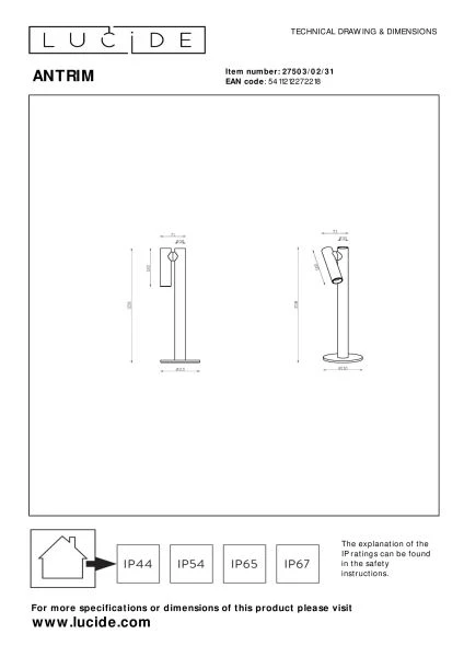 Lucide ANTRIM - Oplaadbare Bureaulamp Binnen/Buiten - Accu/Batterij - LED Dimb. - 1x2,2W 2700K - IP54 - Met draadloos oplaadstation - Wit - technisch